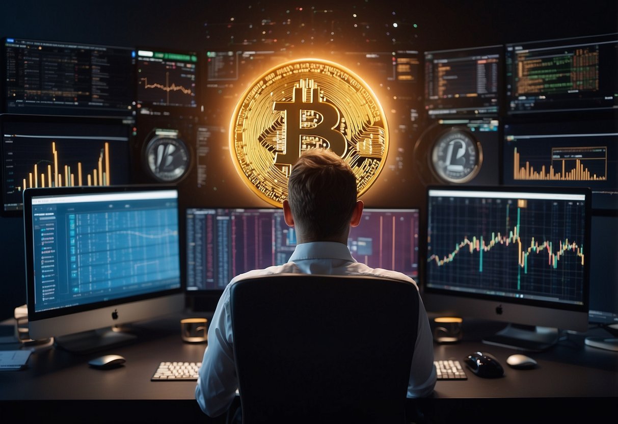 A person researching different cryptocurrencies on a computer, surrounded by charts and graphs, with a thoughtful expression