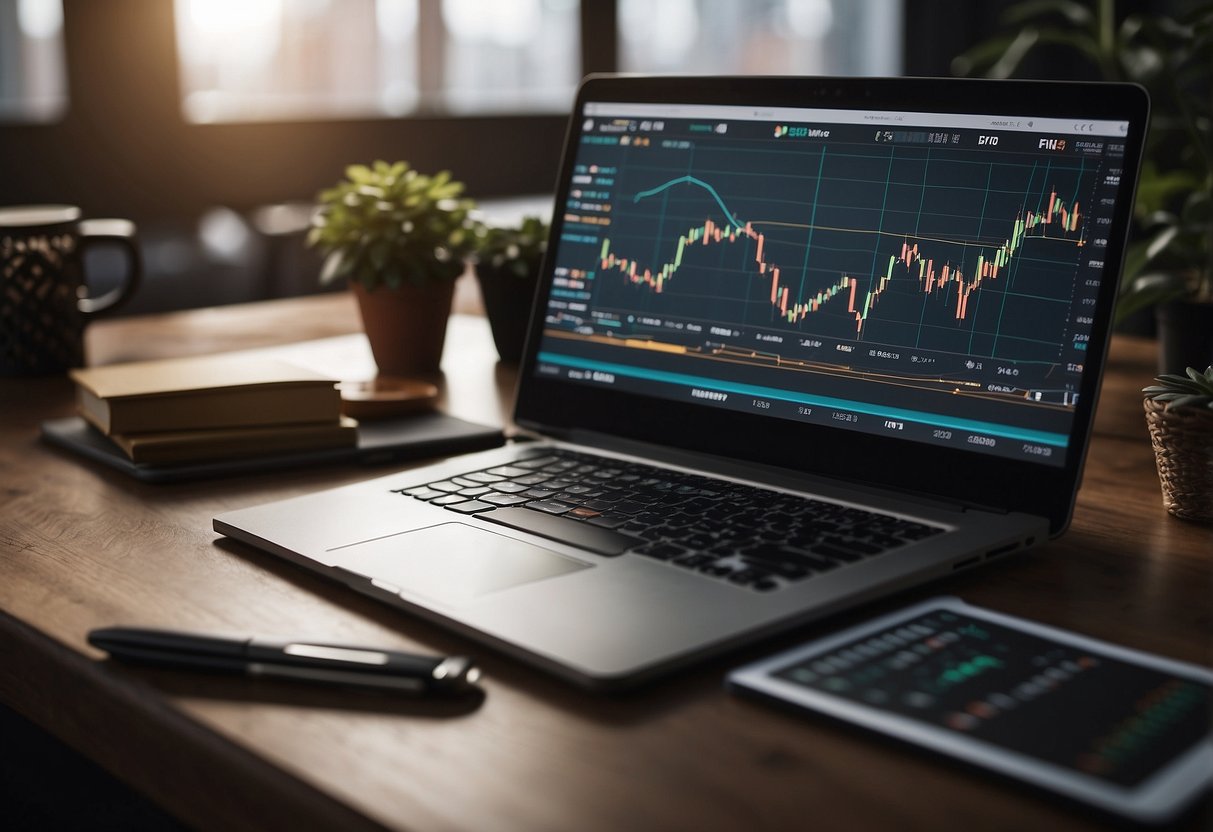 A desk with a computer displaying various cryptocurrency charts and graphs. A person contemplating investment options with a pen and notepad