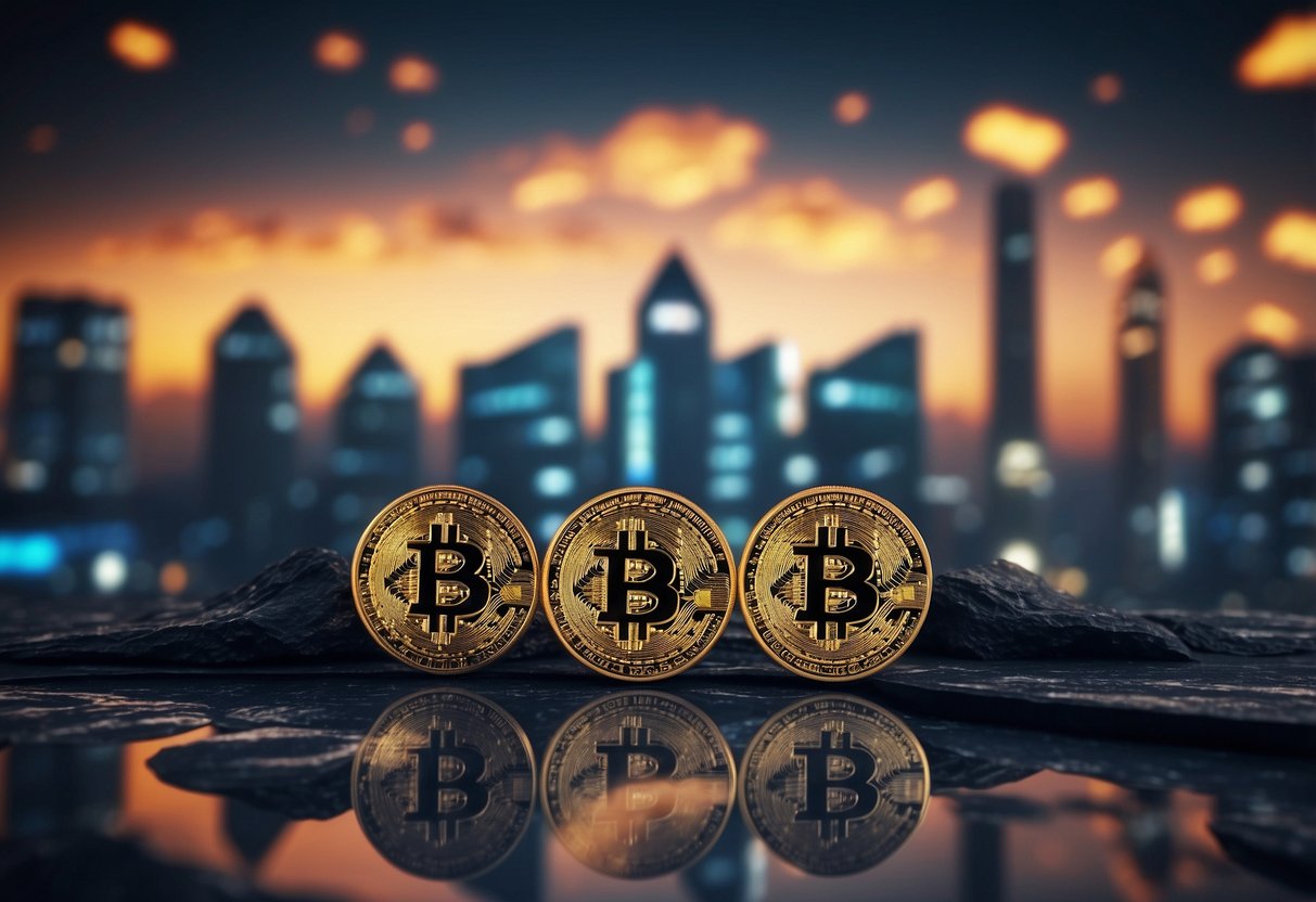 Cryptocurrencies and the Real Estate Sector: A futuristic city skyline with digital currency symbols integrated into buildings and transactions happening seamlessly