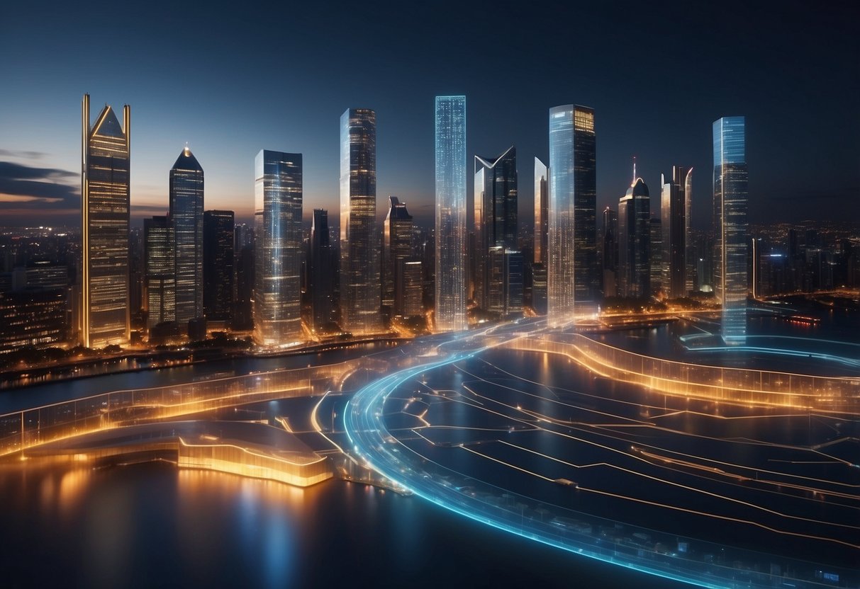 A modern city skyline with blockchain symbols integrated into real estate buildings, showcasing the potential of cryptocurrency in the property sector