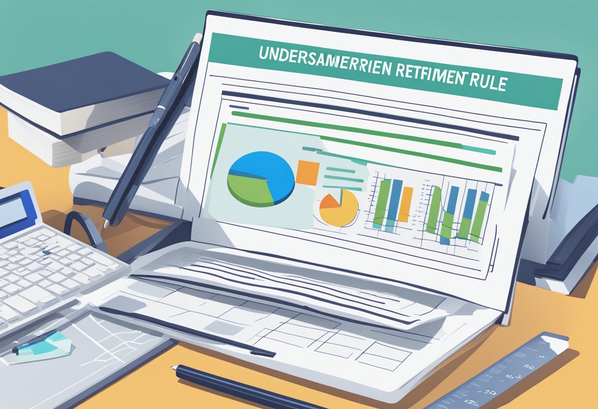 A stack of papers with "Understanding Current Retirement Rules in 2024: What You Need to Know!" written on the cover. An open laptop displaying financial charts and graphs