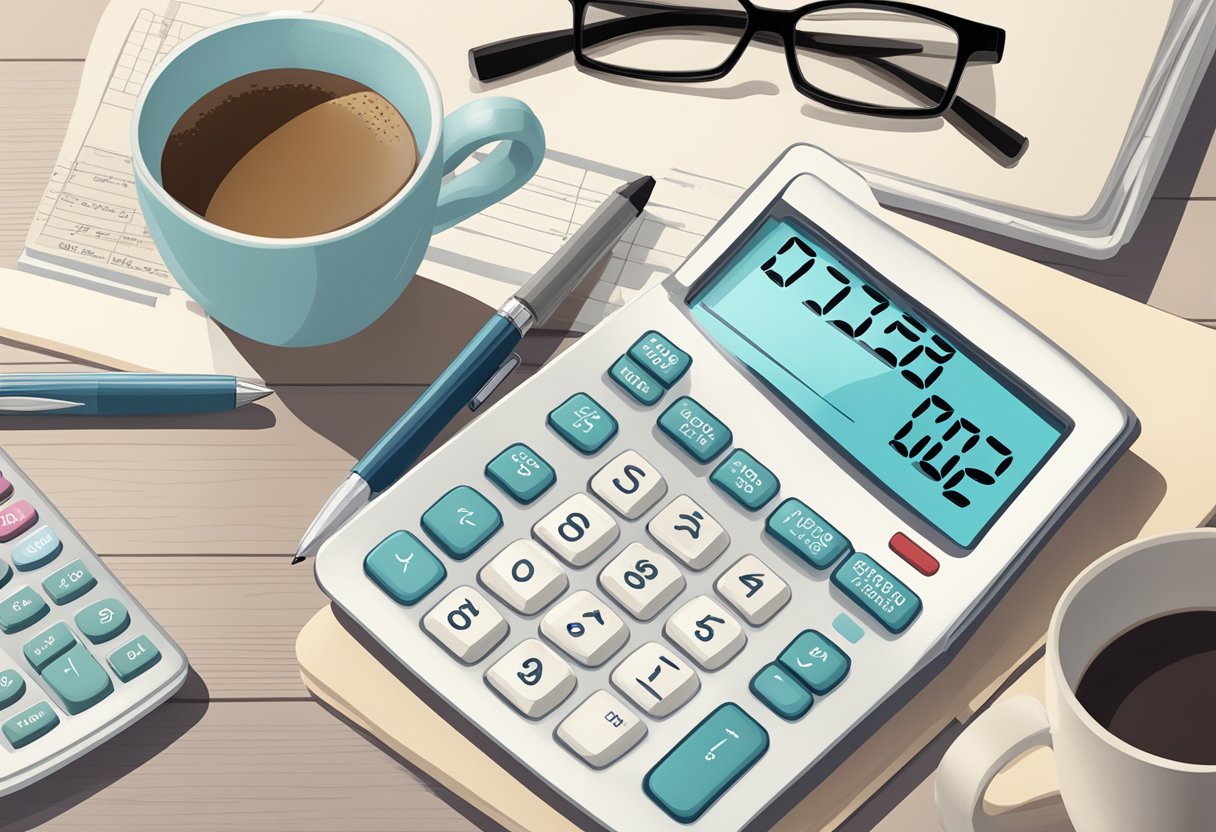 A calculator and a document titled "Calculating Retirement Benefits in 2024: What You Need to Know" on a desk with a pen and a cup of coffee