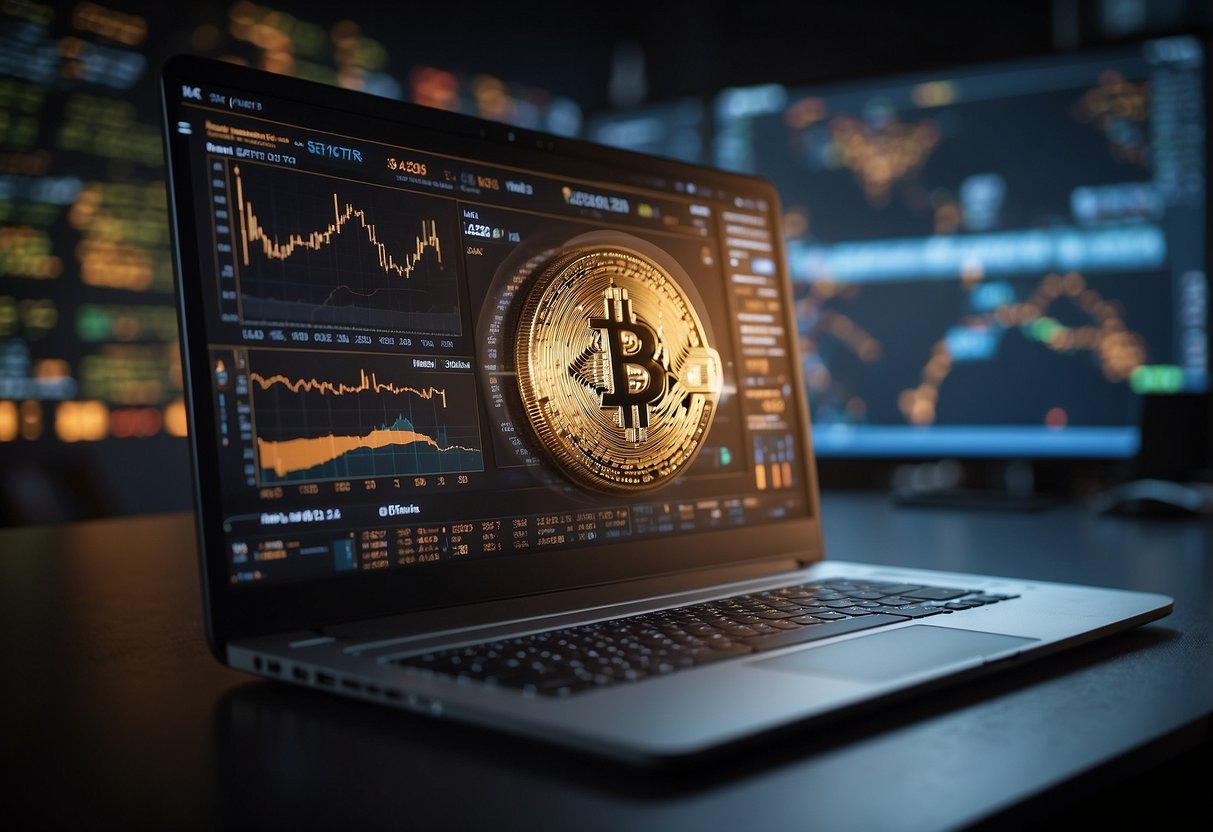 A computer screen displaying the Bitcoin whitepaper, surrounded by digital currency charts and graphs, with a timeline from its inception to the present day