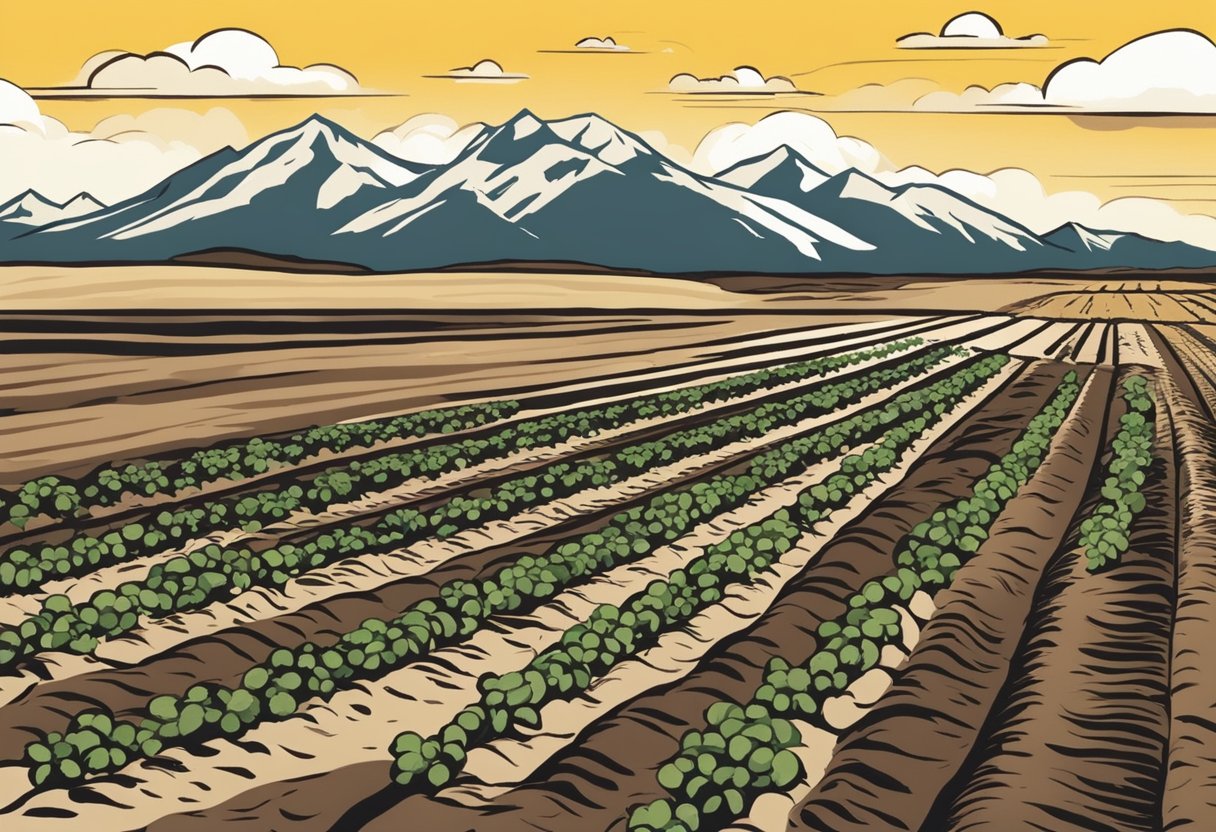 Potatoes being planted in a Colorado field with the Rocky Mountains in the background. The sun is shining, and the soil is being tilled