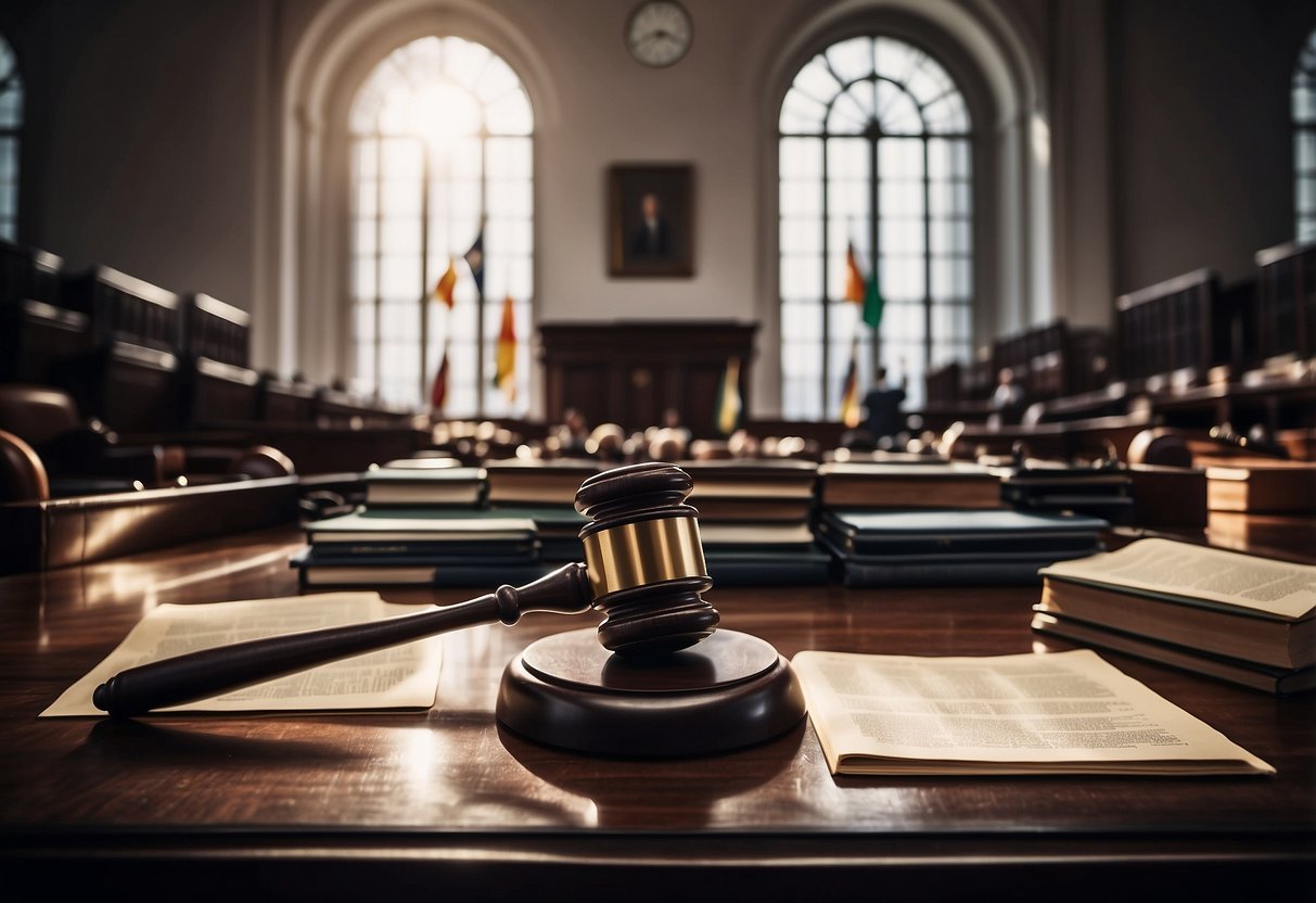 A courtroom with judges and lawyers discussing cryptocurrency regulations in Brazil. Documents and legal books scattered on the table