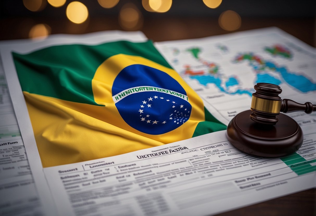 A legal document with a Brazilian flag in the background, surrounded by charts and graphs representing investment and taxation aspects of cryptocurrencies