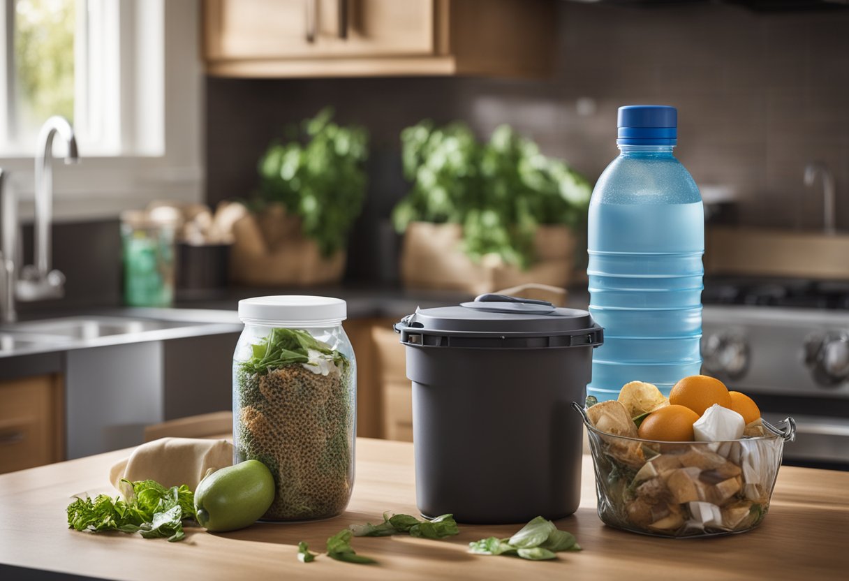 A cluttered kitchen counter with food scraps, plastic packaging, and unused items. A trash can overflowing with waste. A reusable water bottle and cloth bags sit unused