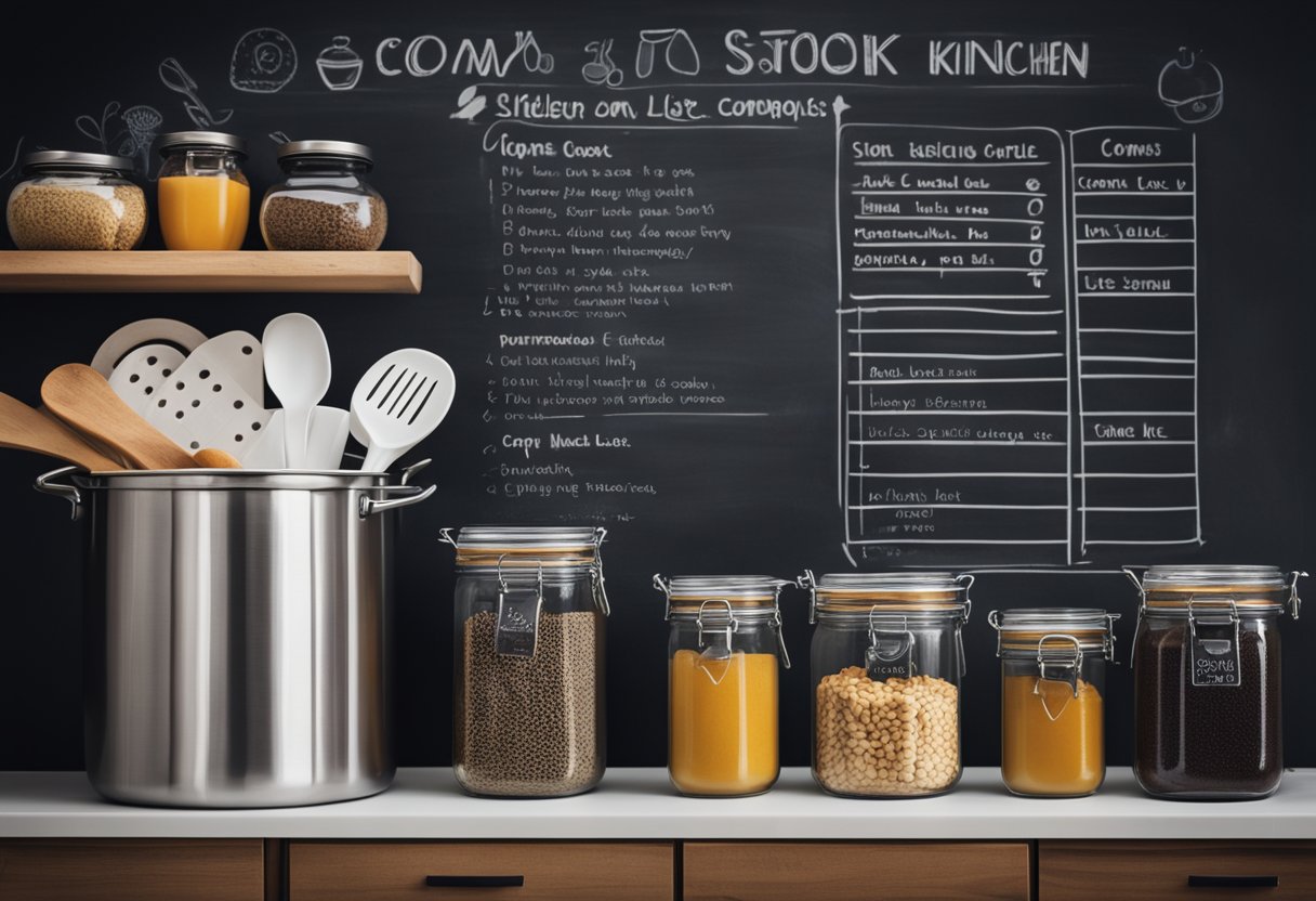 A clutter-free kitchen with reusable containers, a compost bin, and a minimalistic grocery list on a chalkboard