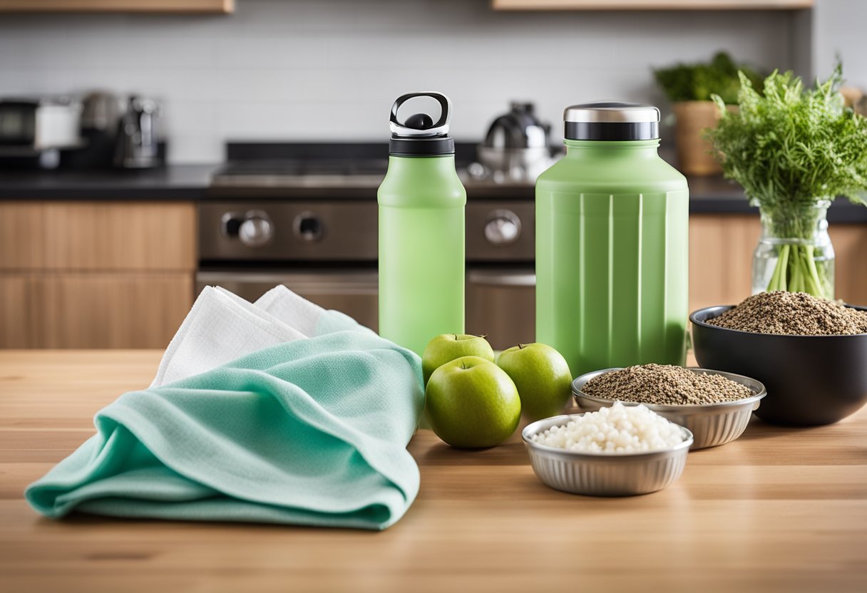 A kitchen counter with reusable containers, a compost bin, and a shopping bag filled with bulk items. A reusable water bottle and cloth napkins are also present