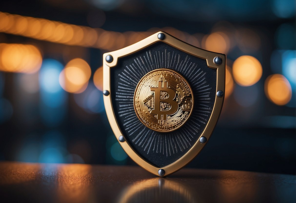 A shield protecting a cryptocurrency exchange from attacks and frauds, with a lock symbol and a vigilant eye overseeing the security measures