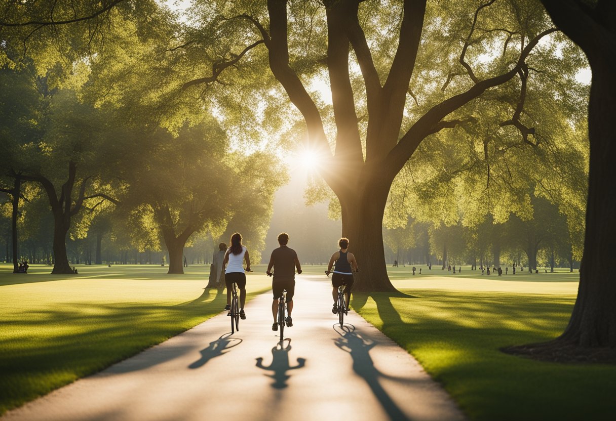 A sunny park with people jogging, cycling, and practicing yoga. Trees, green grass, and a clear blue sky create a serene outdoor atmosphere