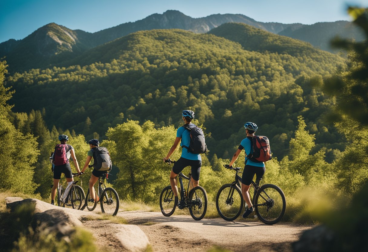 A group of people engage in outdoor activities like hiking, cycling, and yoga in a scenic natural setting with mountains, trees, and a clear blue sky