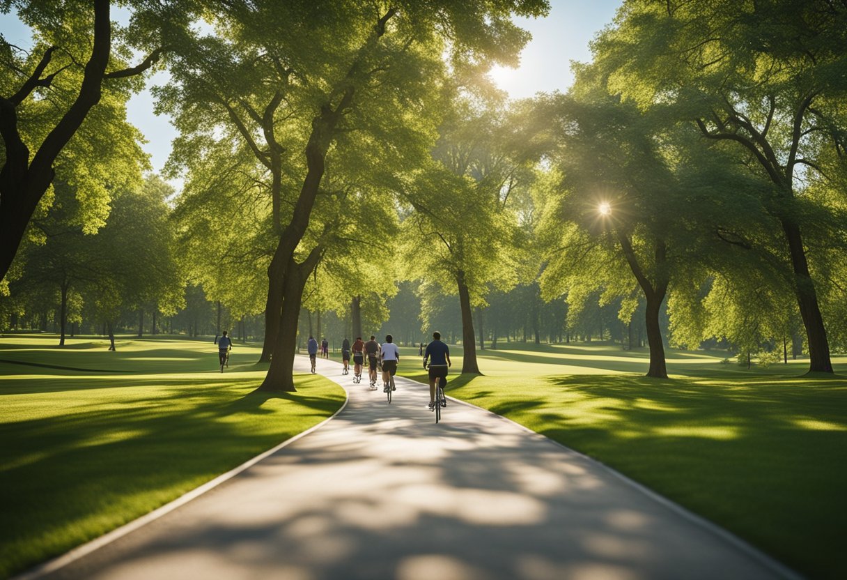A sunny park with green trees, a winding path, and people jogging and cycling. A clear blue sky and a gentle breeze create a peaceful outdoor atmosphere