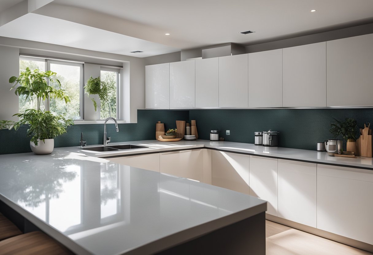 A clean, organized kitchen with no grease or odors. Sparkling countertops, empty sink, and a fresh, airy atmosphere