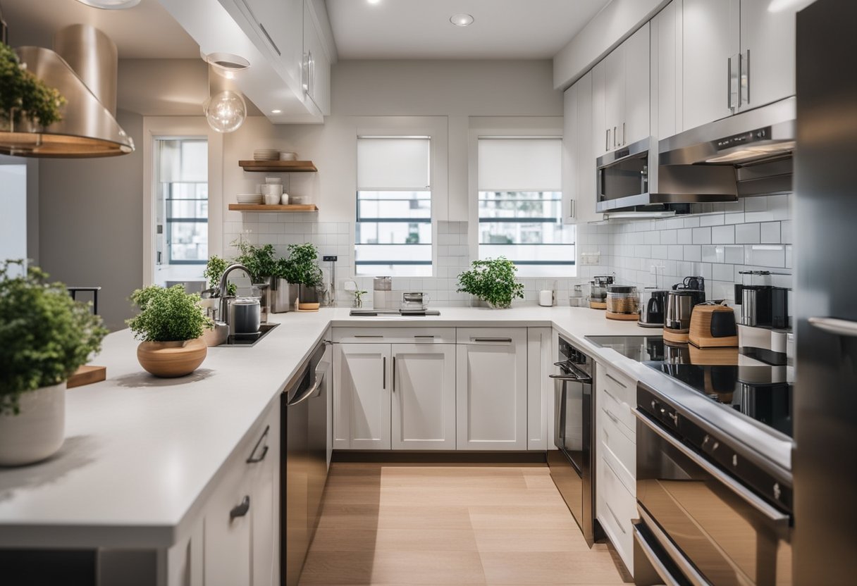 A clean, organized kitchen with shiny appliances, spotless countertops, and a well-ventilated space free of grease and odors