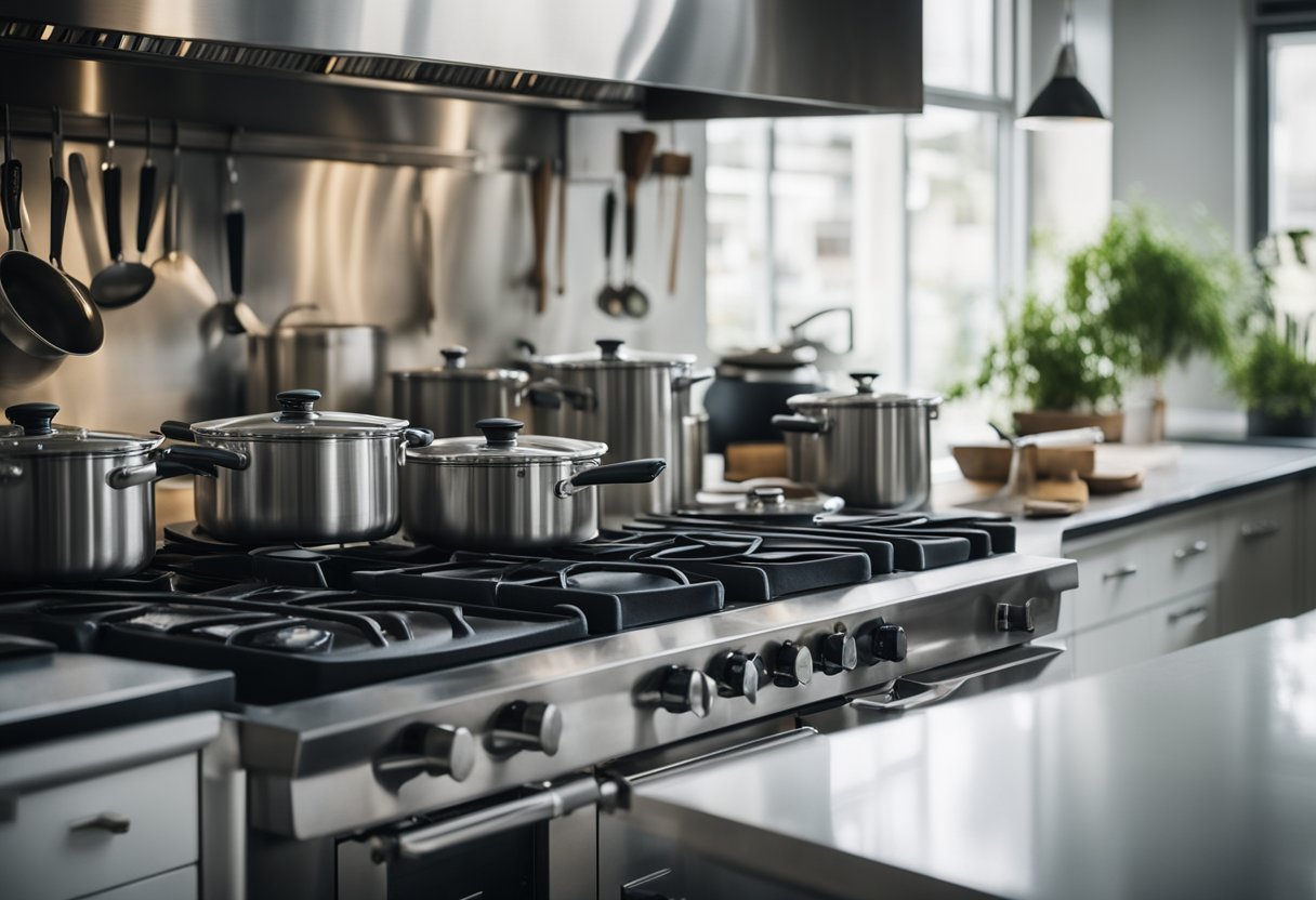 A clean kitchen with no grease or odors, pots and pans on the stove, and a range hood actively removing steam and cooking smells