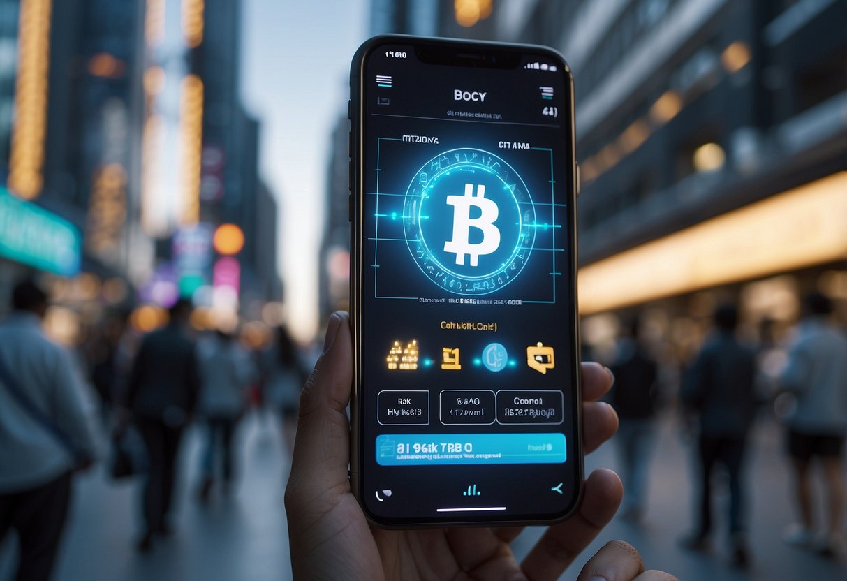 A bustling city street with digital payment signs and symbols, people using smartphones to make transactions, and cryptocurrency logos displayed on electronic billboards