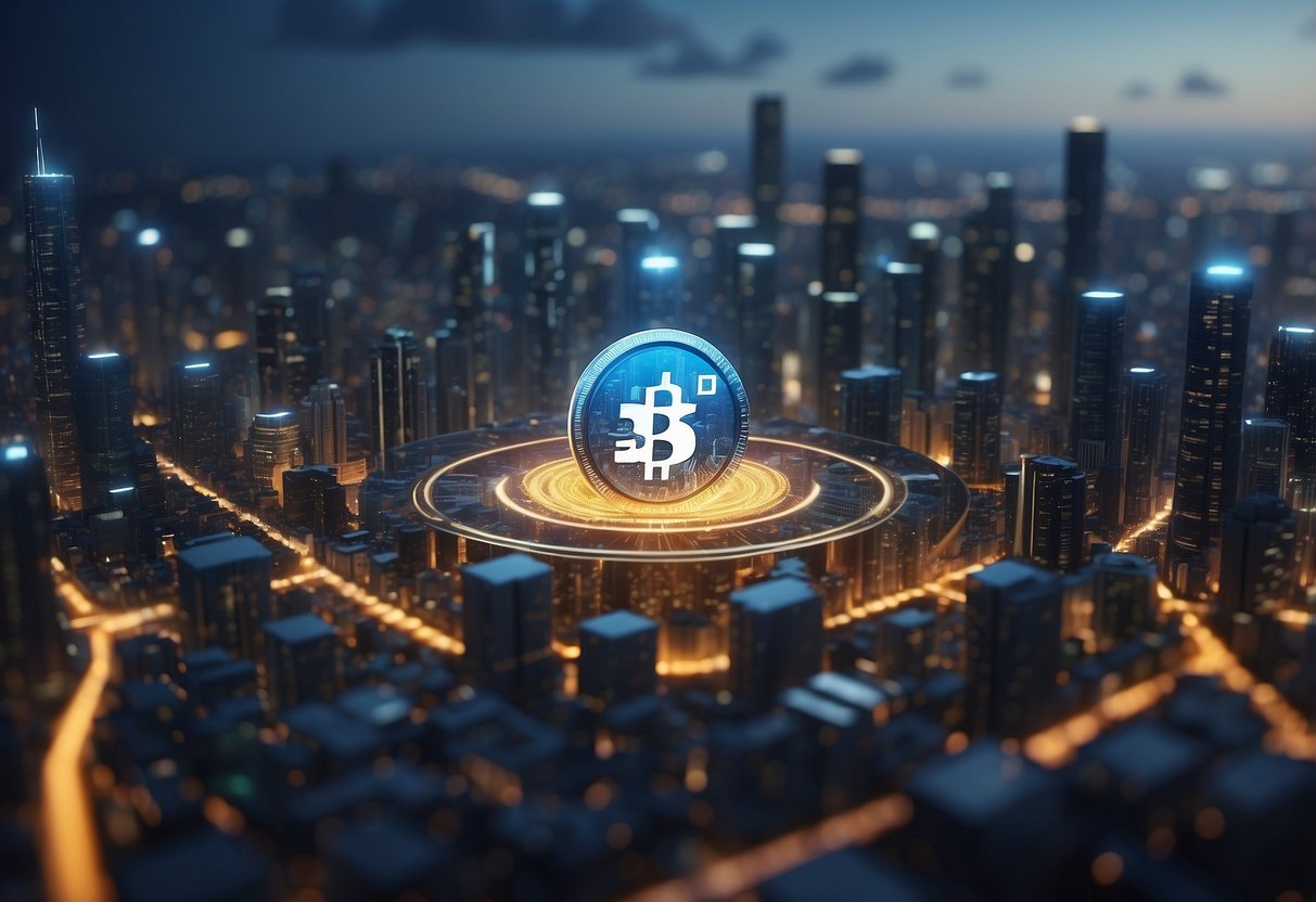 A futuristic cityscape with digital currency symbols floating above buildings, showcasing the evolution and revolution of blockchain and cryptocurrencies