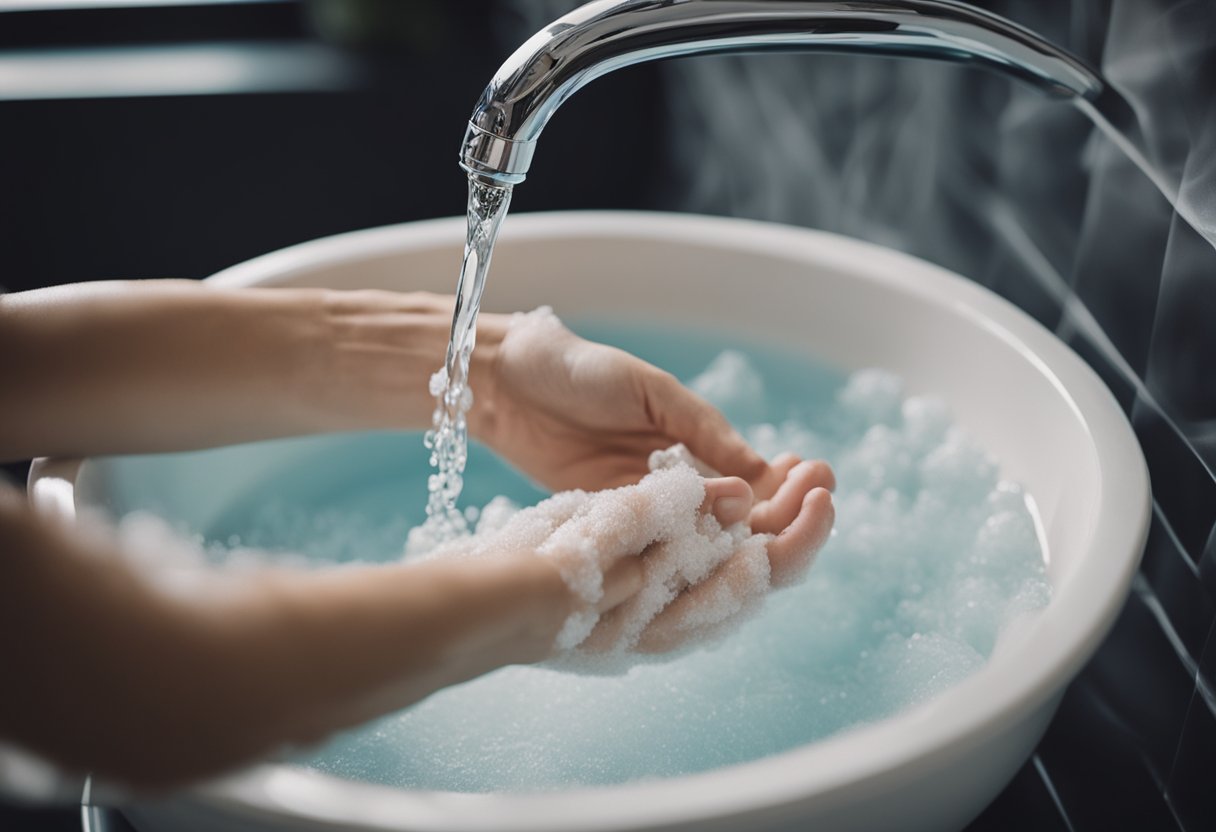 A hand gently washing a delicate garment in a basin of soapy water, using a mild detergent and carefully avoiding any harsh scrubbing or twisting motions
