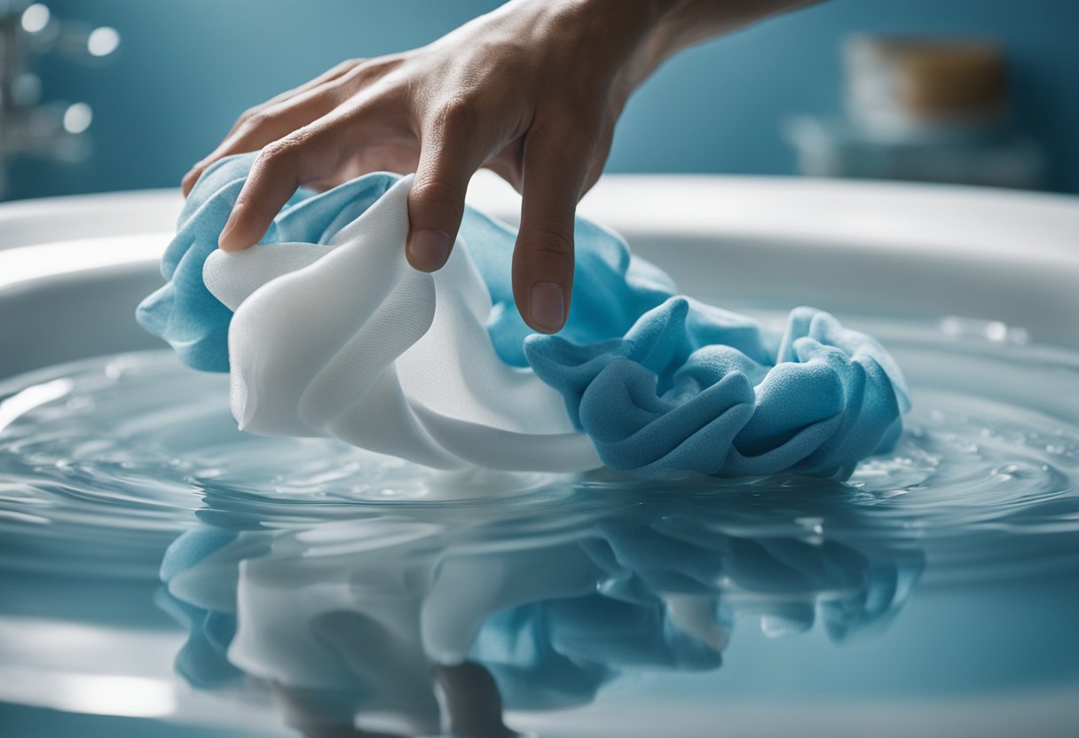 A hand reaches for a pile of delicate clothes, a gentle detergent and a basin of water nearby. The clothes are carefully placed in the water, swirled around, and then hung to dry