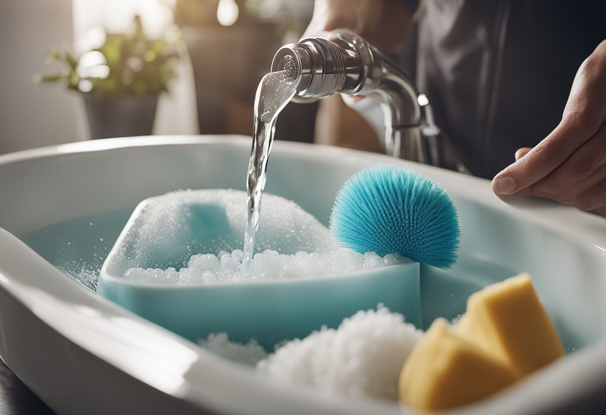 A hand pouring gentle detergent into a basin of water, with delicate clothing items soaking and a gentle scrubbing brush nearby