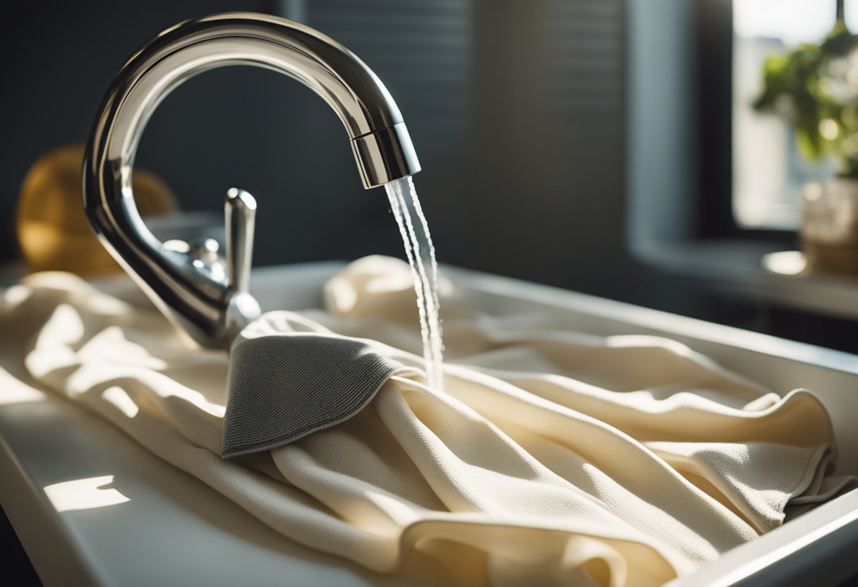 A delicate garment being washed by hand and gently laid out to dry on a flat surface, away from direct sunlight