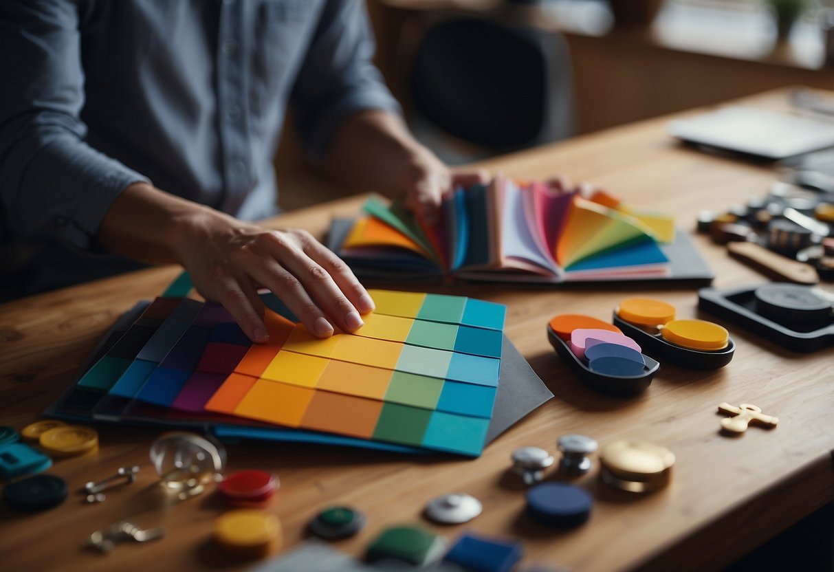 A designer carefully selects colors and shapes, assembling them into a cohesive brand identity. Tools and materials are neatly organized on a work surface