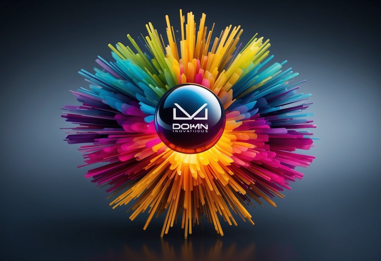 A vibrant, dynamic logo emerges from a burst of color, symbolizing creativity and innovation. The logo is surrounded by various elements that represent the brand's unique personality and values