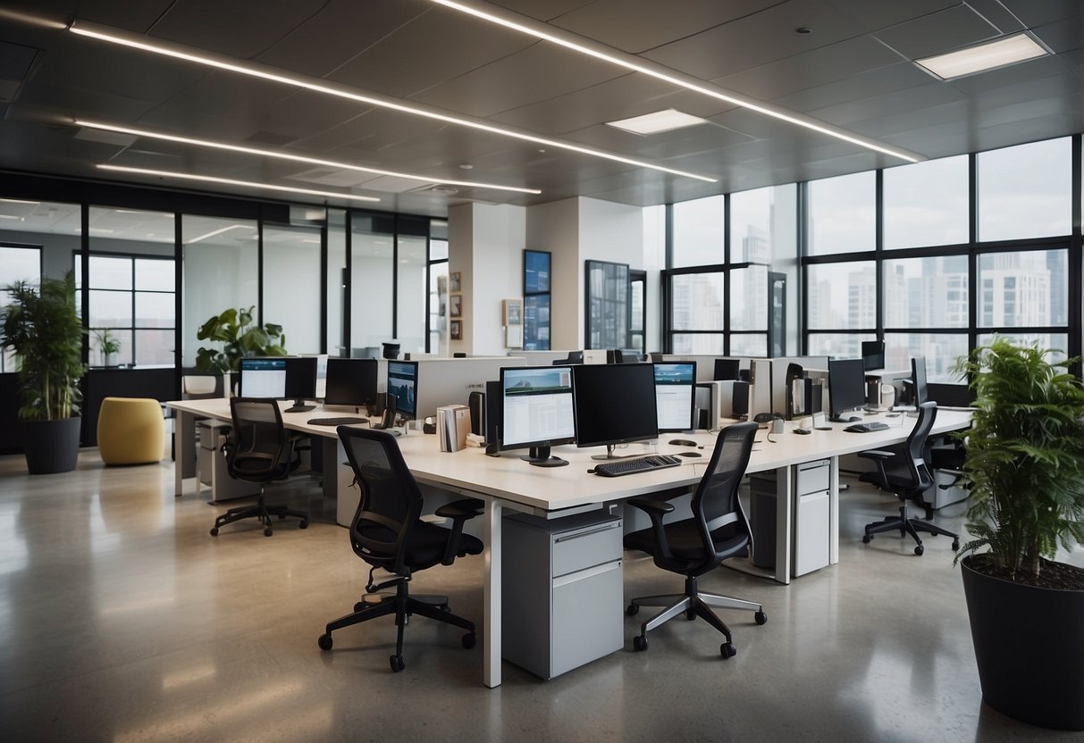 A sleek, modern office space with bold branding displayed on walls and digital screens. Employees collaborate in open-concept work areas, showcasing a dynamic and innovative brand identity