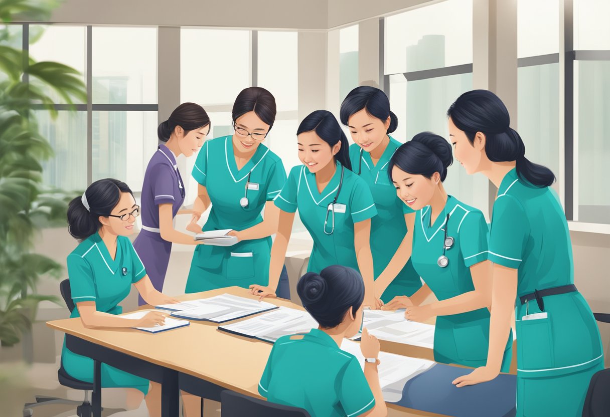 A group of nurses in uniform gather around a table with the Singapore Nursing Board logo displayed prominently