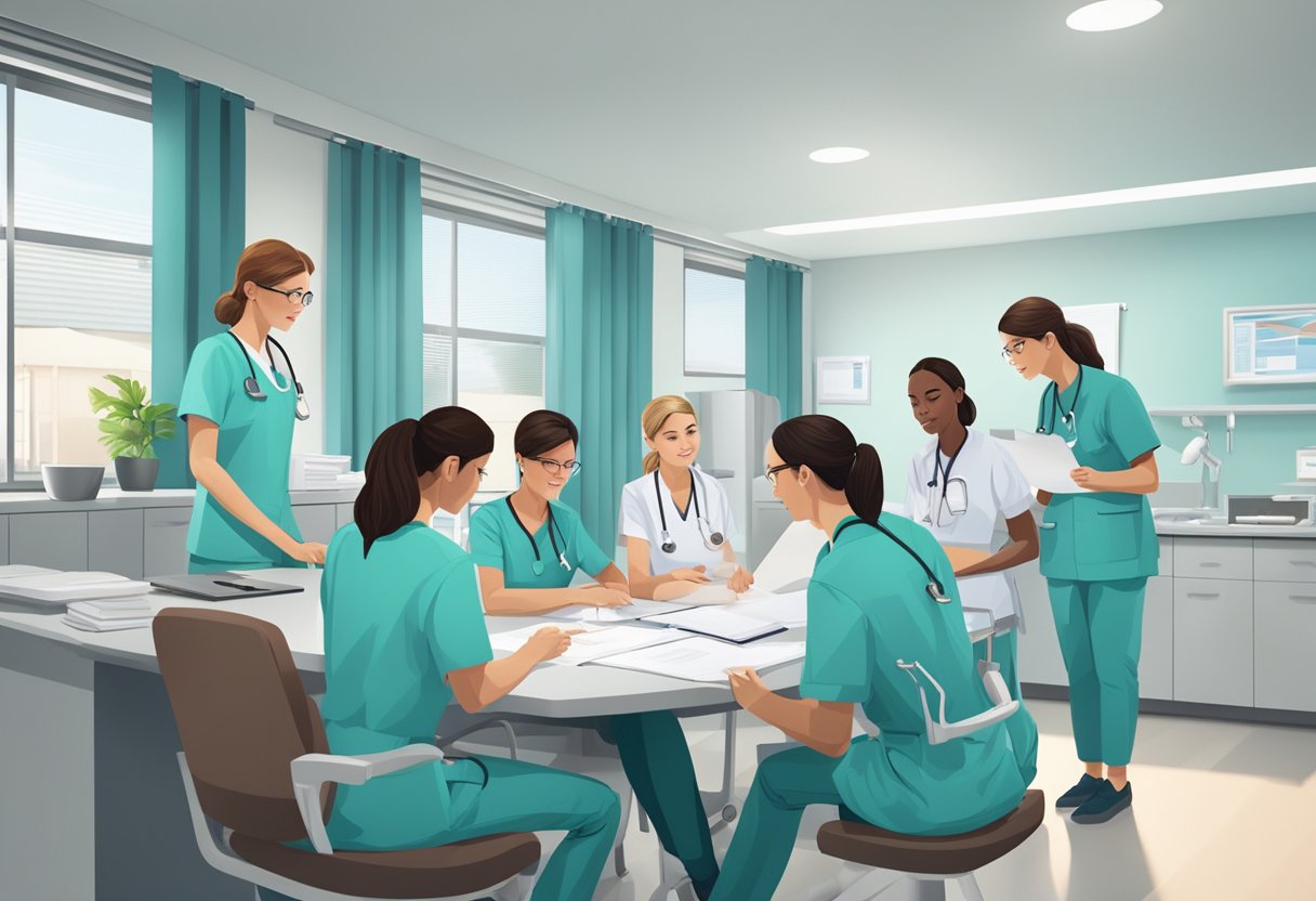 A group of nurses in uniform gather around a table, reviewing documents and discussing patient care. The room is bright and modern, with medical equipment visible in the background