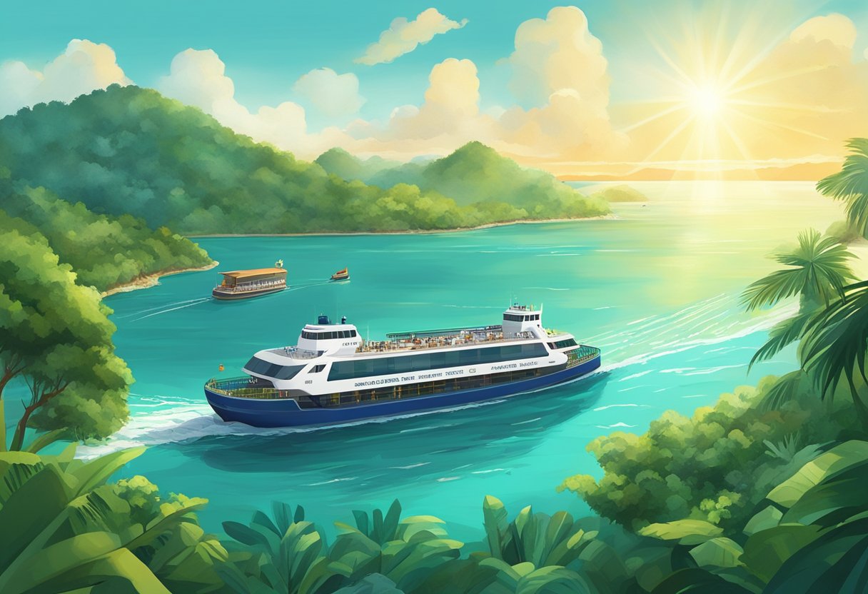 A ferry sails from Singapore to Desaru, passing through turquoise waters and lush green islands. The sky is clear, and the sun casts a warm glow over the landscape
