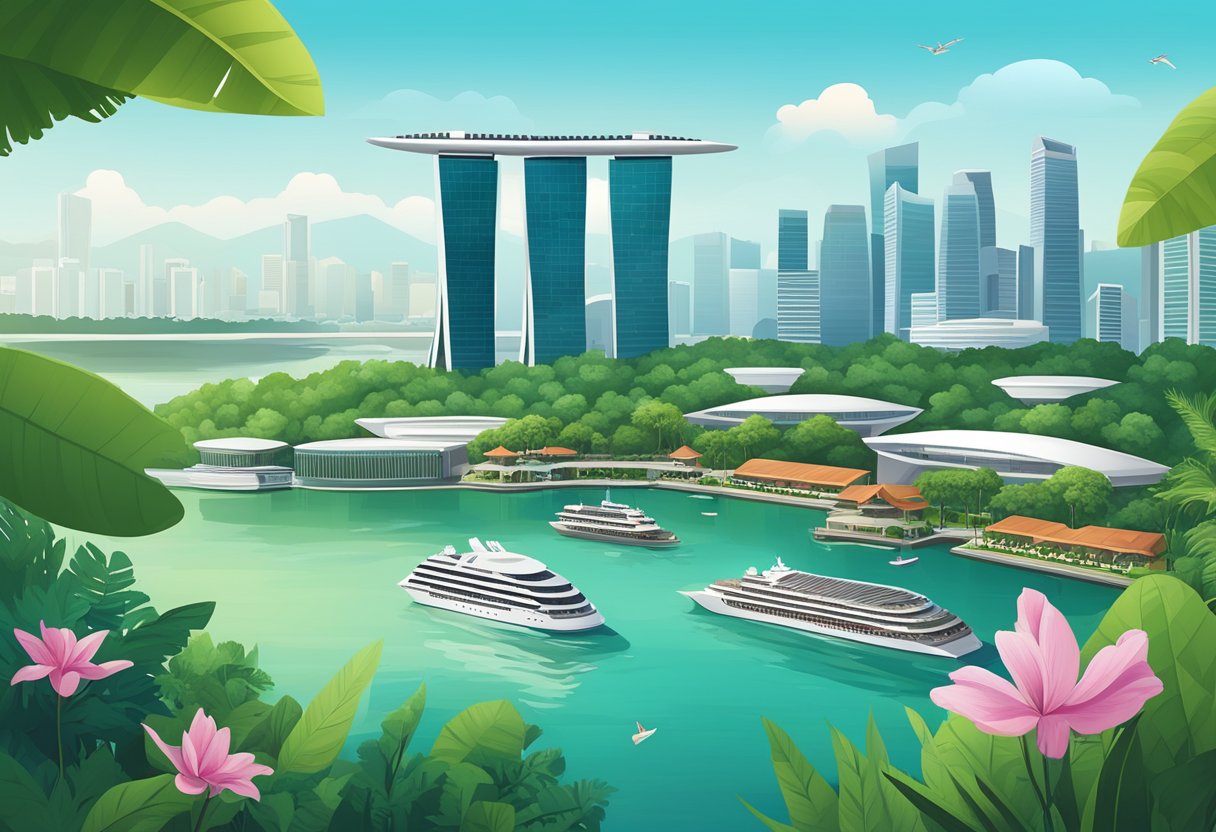 Singapore's iconic skyline with modern skyscrapers and the Marina Bay Sands hotel, surrounded by lush greenery and the bustling port