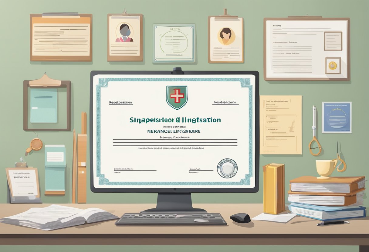 A nurse's registration and licensure certificate from the Singapore Nursing Board displayed on a clean, organized desk