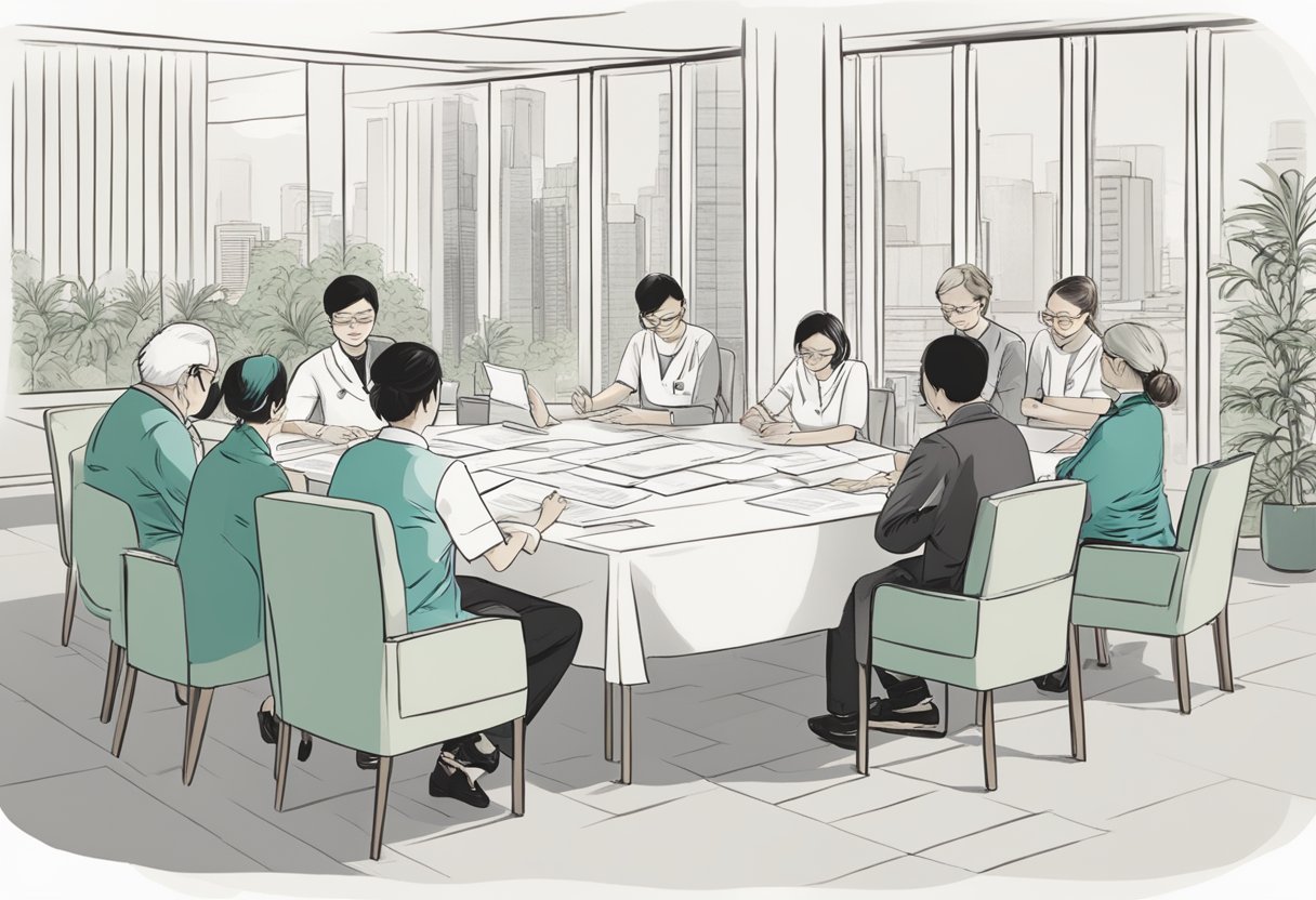 A group of people gathered around a table, with one person holding a document labeled "Frequently Asked Questions Singapore Nursing Board." The others are engaged in conversation, possibly discussing the contents of the document