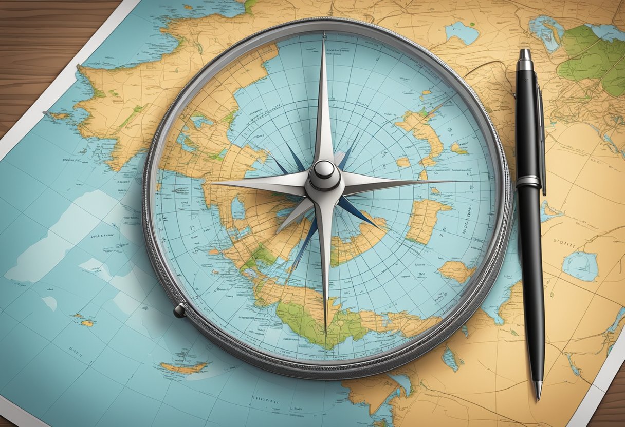 A map of Singapore and Desaru placed on a table, with a compass, travel guide, and a pen ready for planning