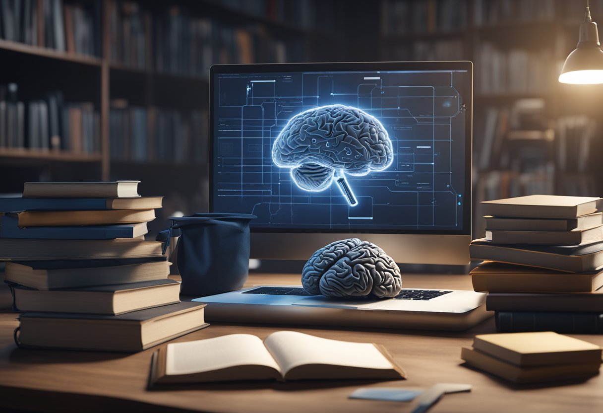 AI in education: A computer with a brain symbol on the screen, surrounded by books and a graduation cap