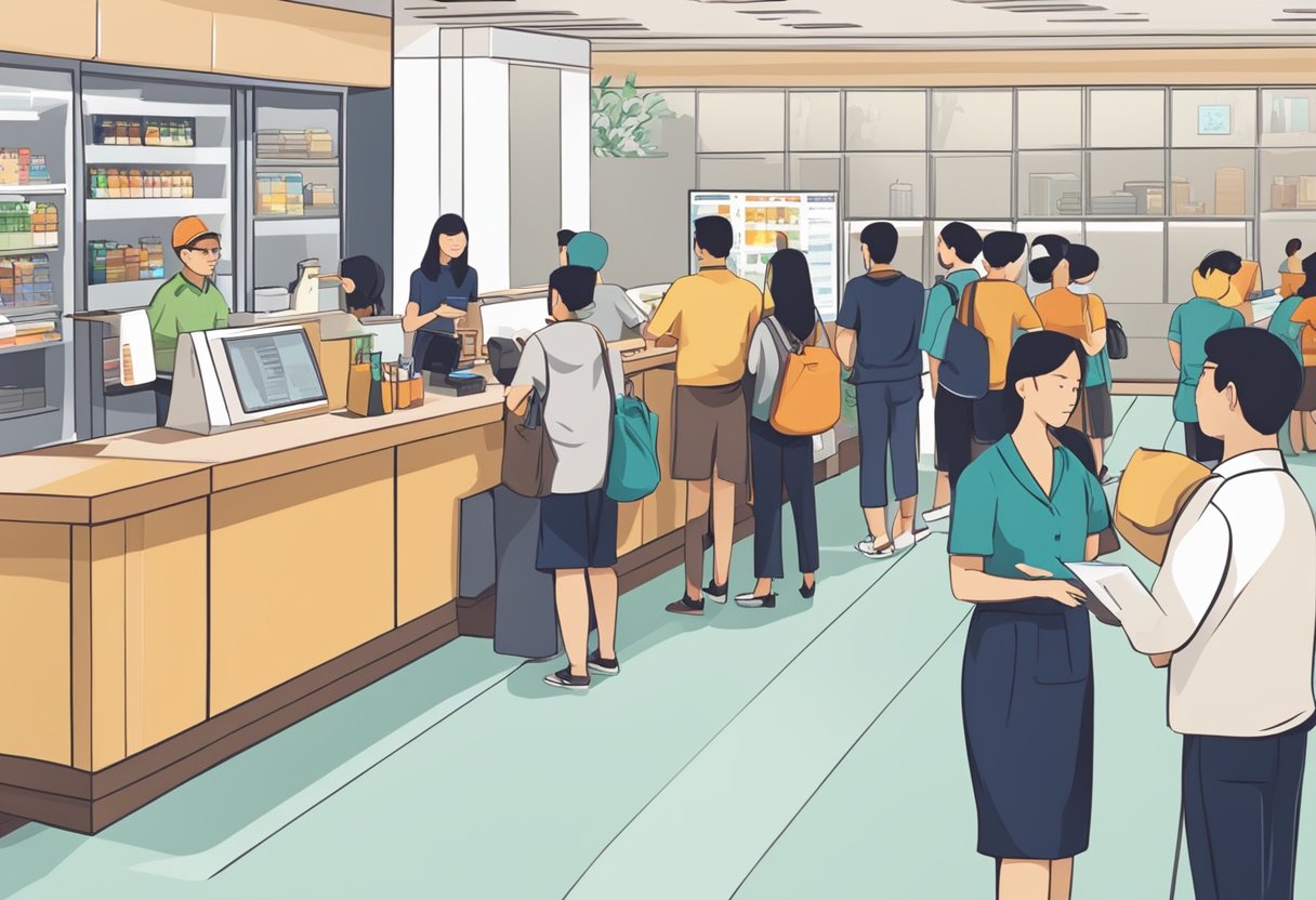 People lining up at a counter, signs indicating "Frequently Asked Questions Singapore to Desaru", staff assisting customers