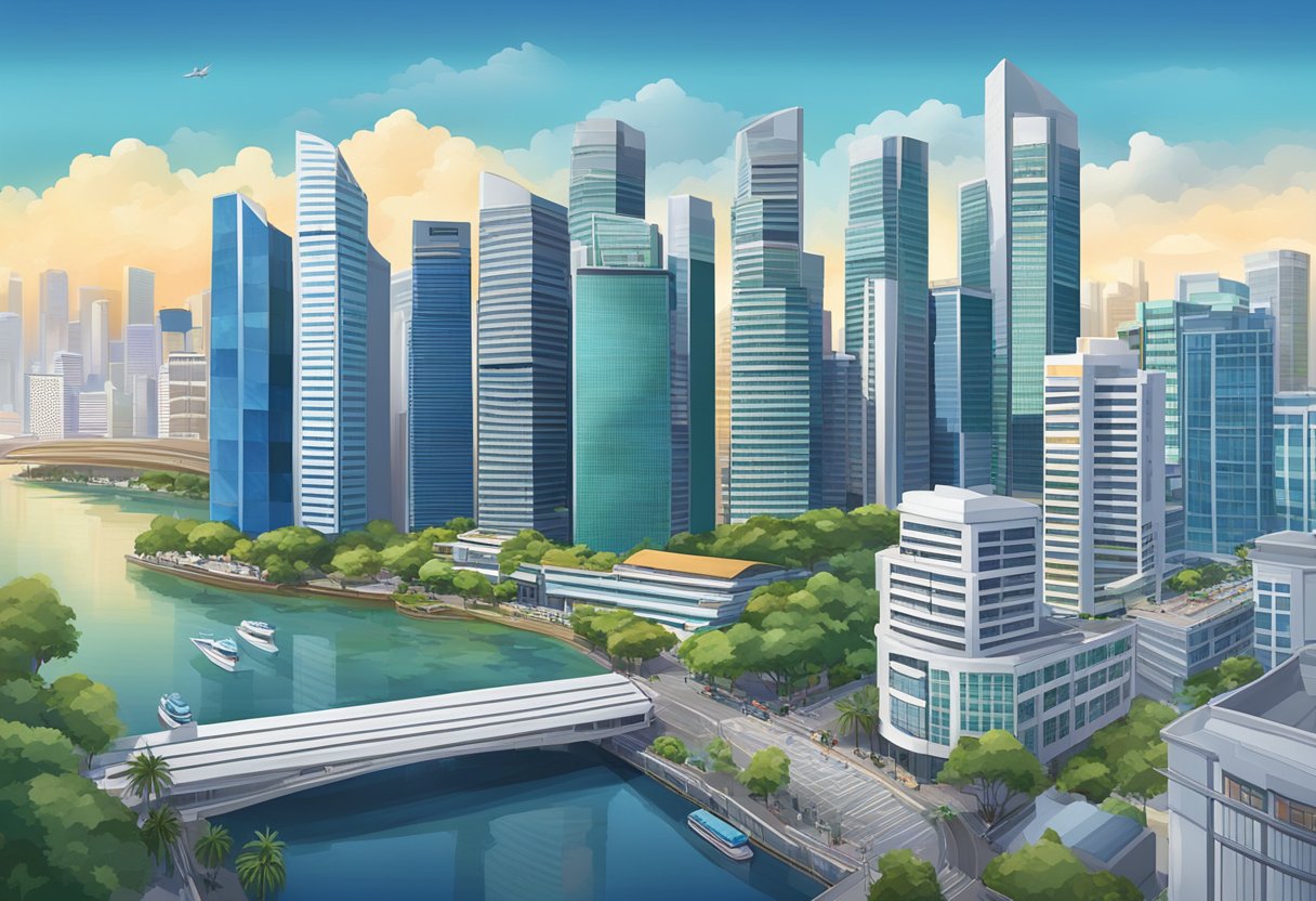 The bustling city of Singapore is depicted with the iconic Trust Bank building standing tall amidst the modern skyscrapers and vibrant cityscape