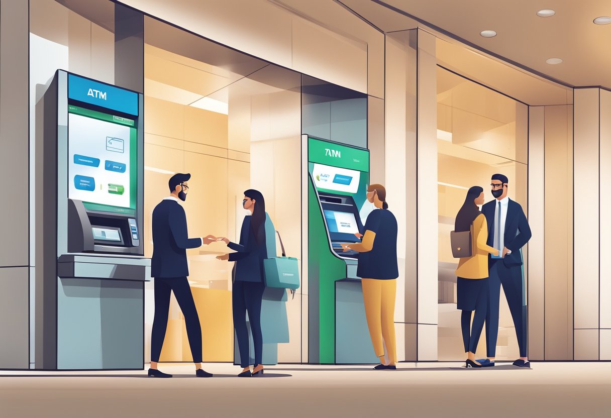 Customers accessing ATM, using mobile banking, and discussing services with staff in a modern, sleek bank branch