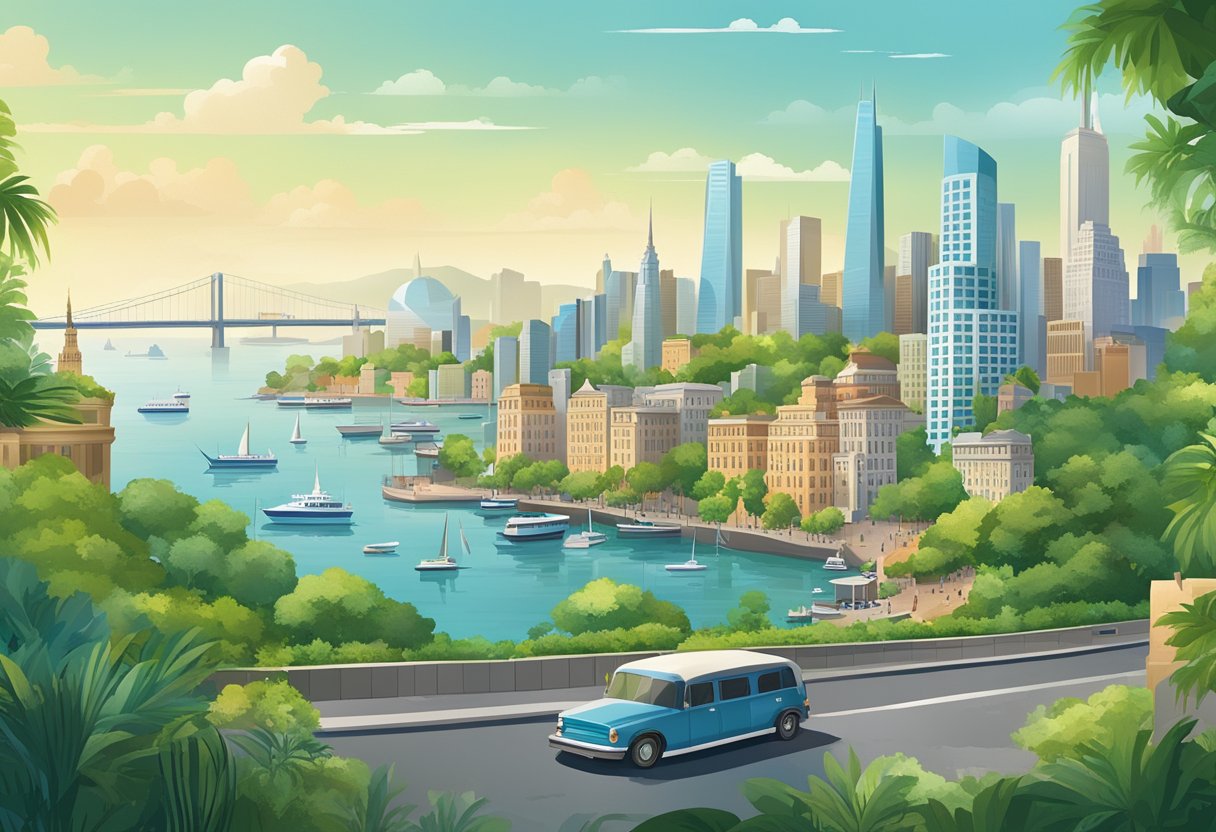 A bustling city skyline with iconic landmarks and diverse architecture, set against a backdrop of lush greenery and a bustling harbor