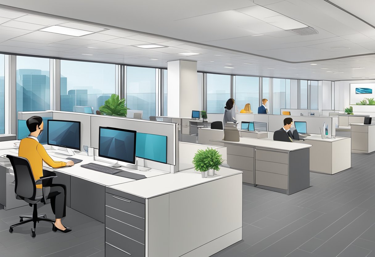 A modern office setting with a sleek, professional atmosphere. The bank's logo prominently displayed, with customers and staff engaged in conversations and transactions