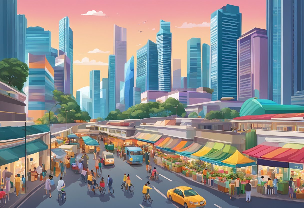 A bustling cityscape with iconic skyscrapers, vibrant street markets, and bustling transportation hubs in Singapore