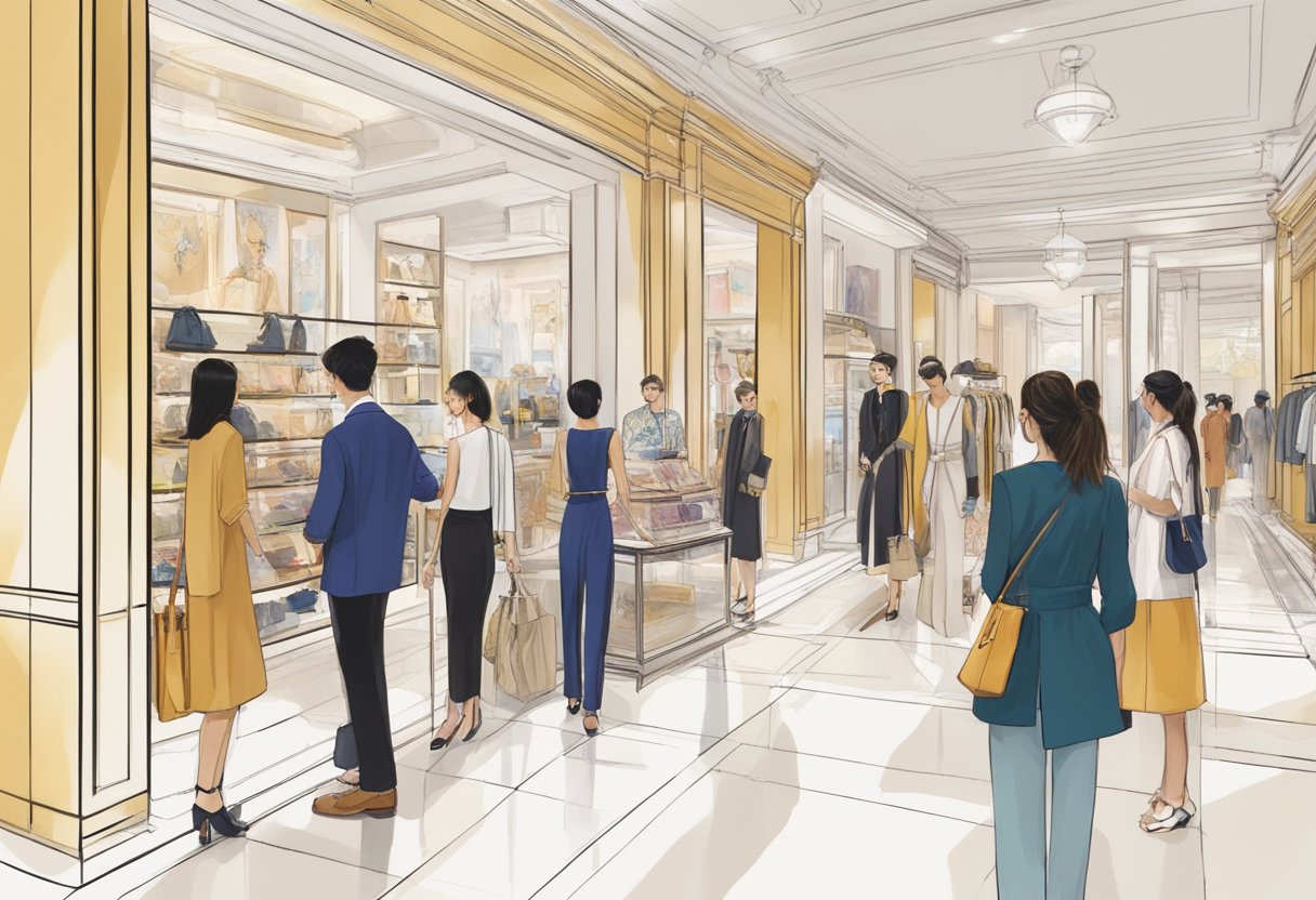 Customers browsing through the eclectic displays of Vivienne Westwood's Singapore store, with attentive staff offering personalized assistance and a luxurious shopping experience