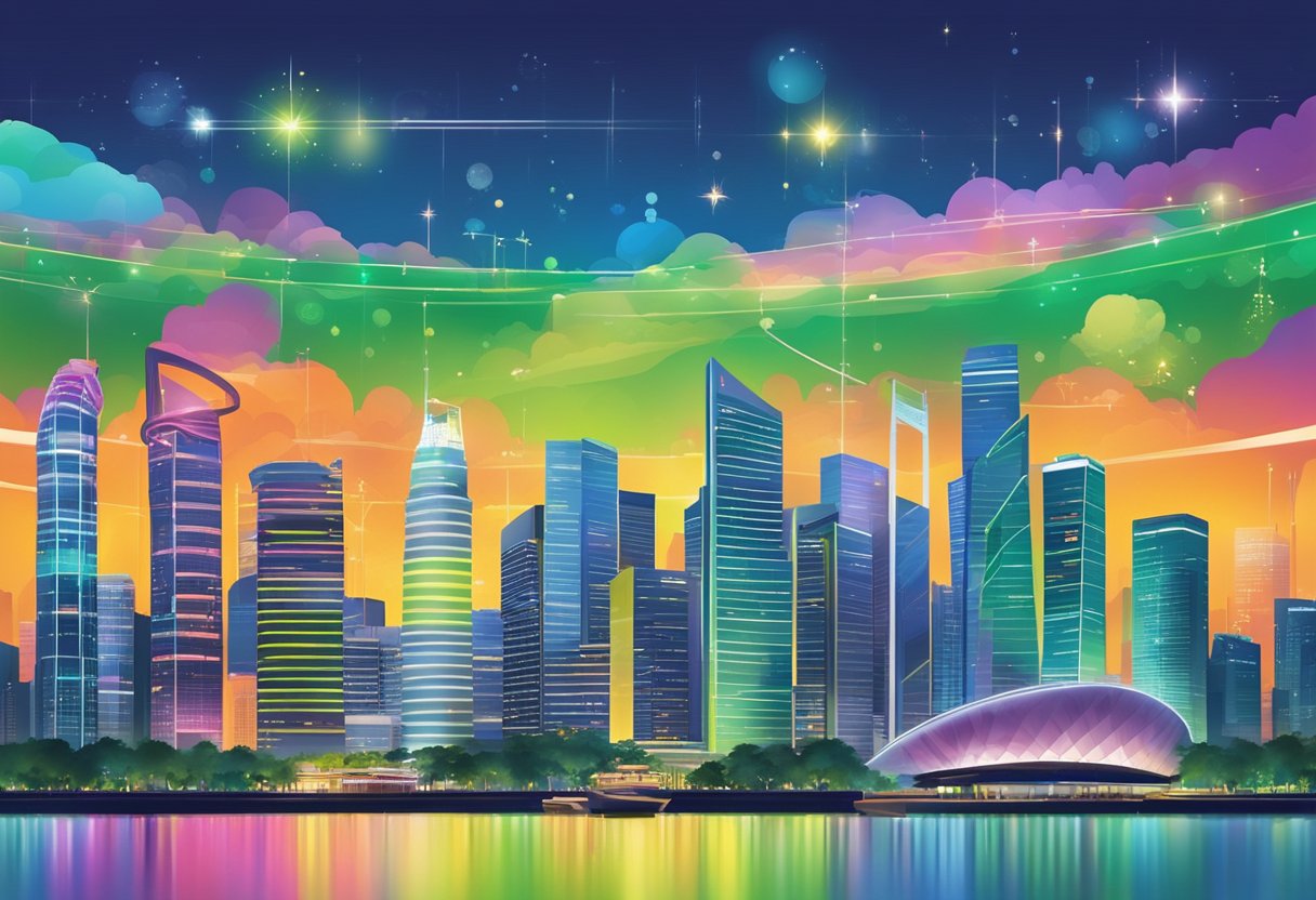 A colorful array of StarHub services, including mobile, broadband, and TV, are displayed against a vibrant backdrop of the Singaporean skyline