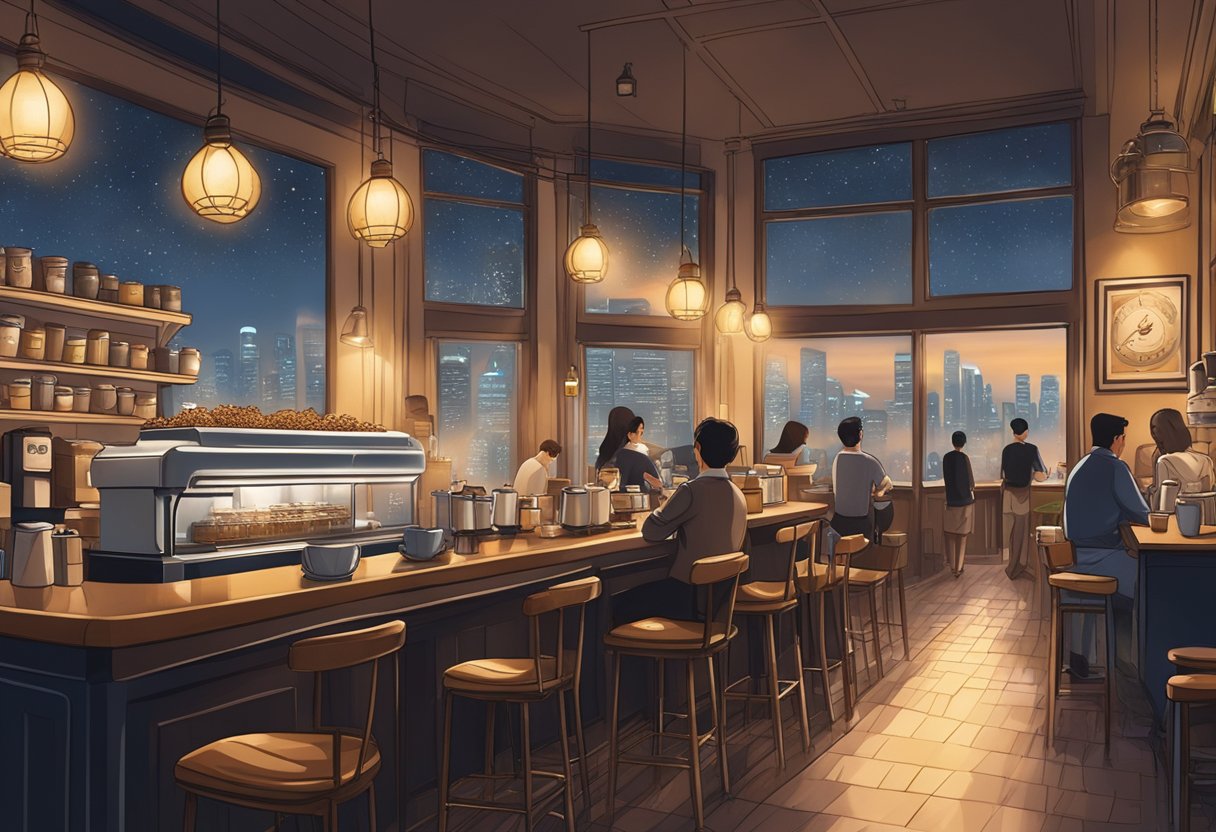 A bustling Singapore coffee shop with steaming arabica coffee cups, vintage decor, and a backdrop of city lights