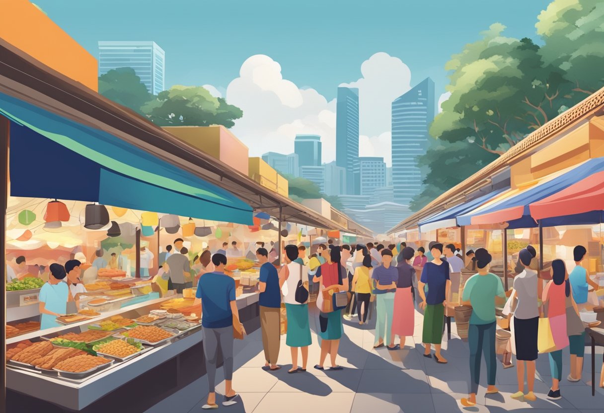 A bustling hawker center in Singapore, filled with colorful stalls offering a variety of culinary delights to a lively crowd