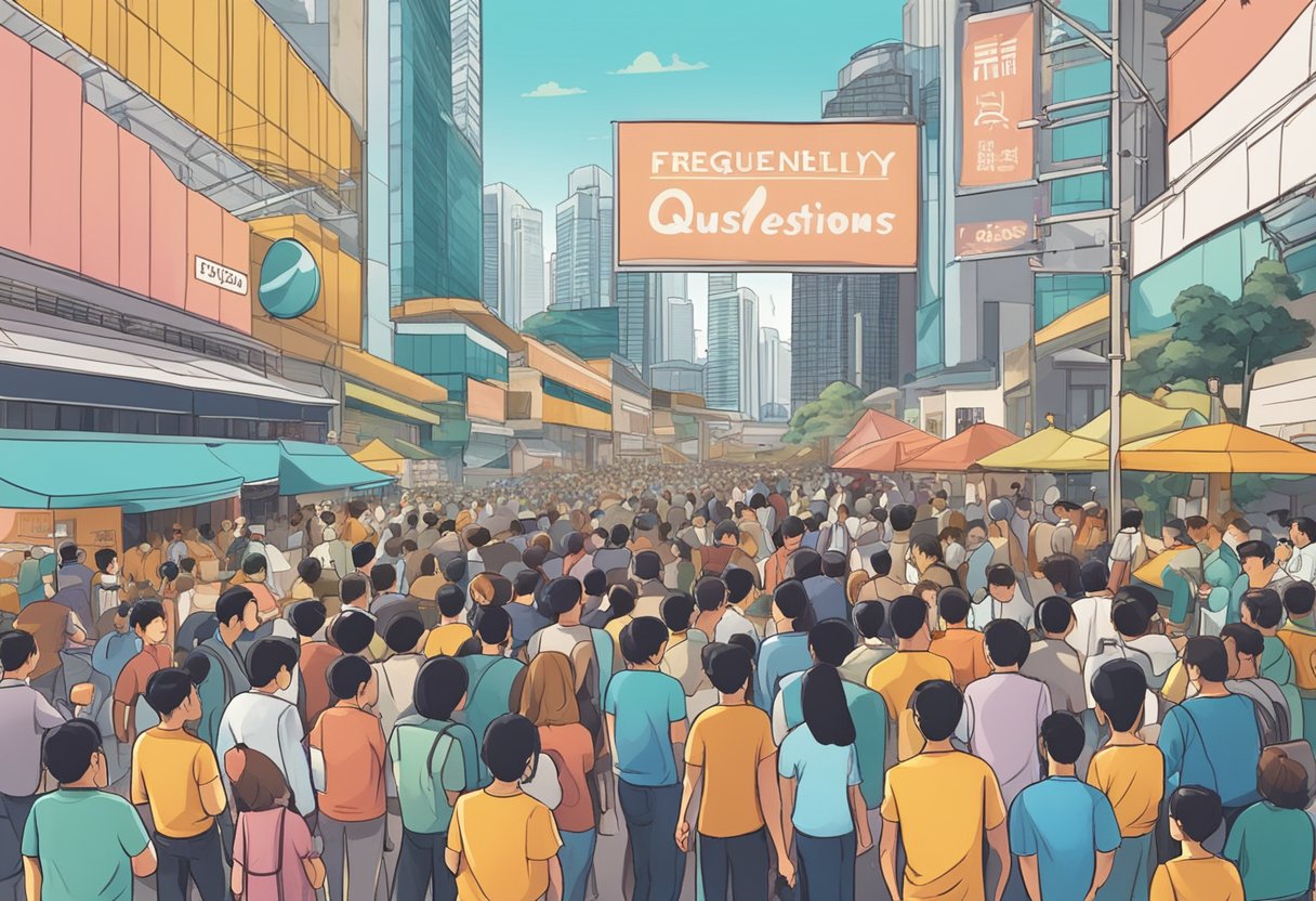 A crowd gathers around a large sign that reads "Frequently Asked Questions" in the bustling streets of Singapore