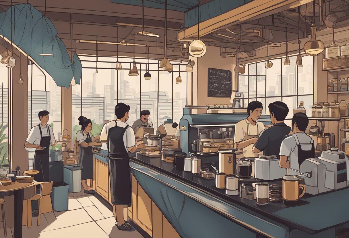 A bustling coffee shop in Singapore, with steaming cups of Arabica coffee being brewed and served to eager customers. The aroma of freshly roasted beans fills the air as baristas expertly craft each cup