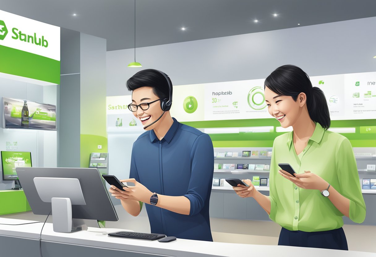 A customer service representative assists a smiling customer with a smartphone issue at a sleek and modern StarHub store in Singapore
